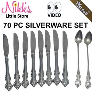 70 Piece WELDAN Flatware Set Stainless Steel Japan Floral Scroll Design, Vintage